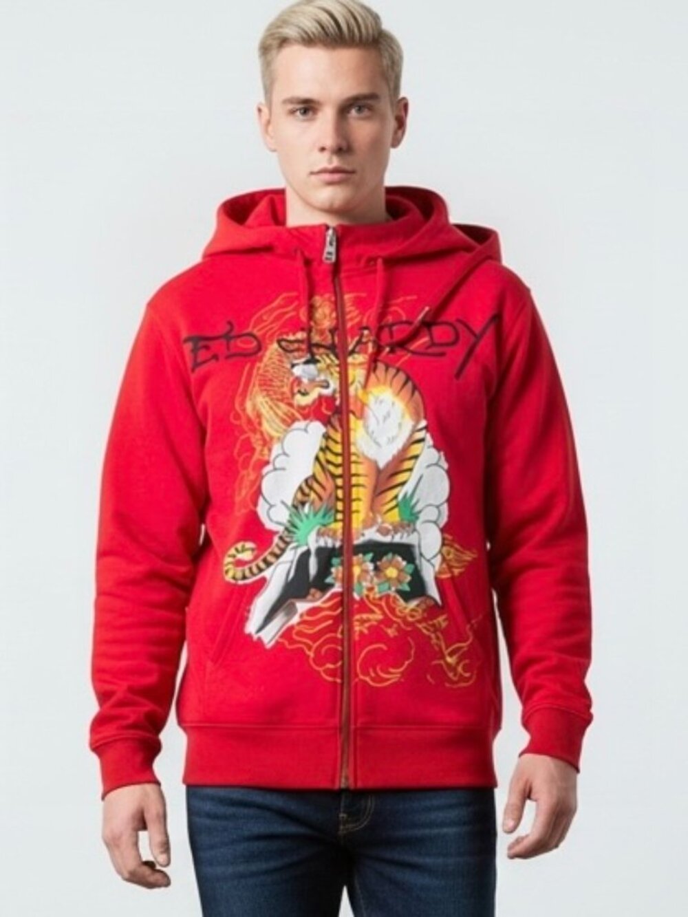NEW Ed Hardy Red Zip Up Sweatshirt Men’s XL Tiger Mountain Design Hoodie NWT